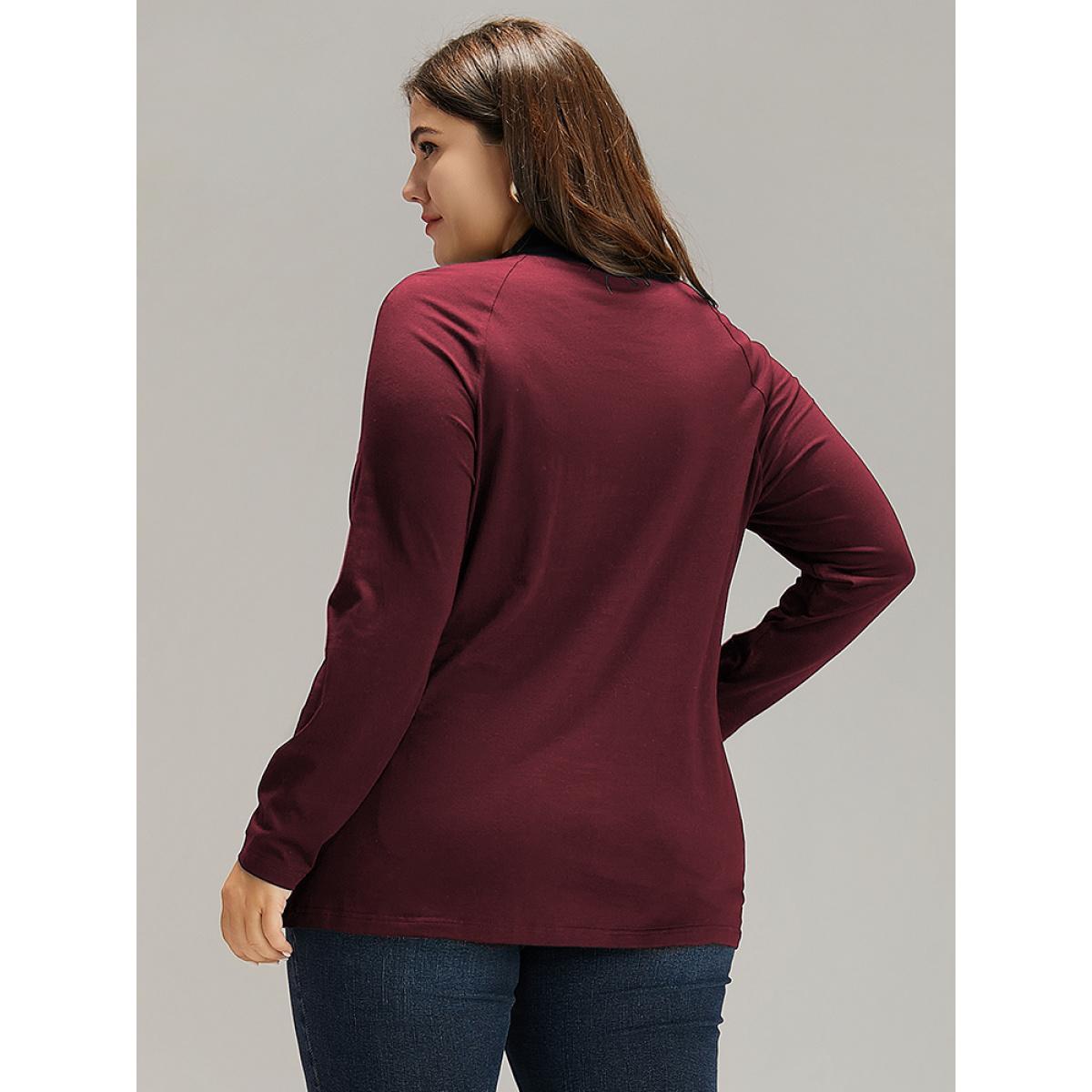 Plus Size Cotton Mock Neck Raglan Sleeve T-shirt Burgundy Women Elegant Plain Plain Mock Neck Dailywear T-shirts BloomChic 12/L Product Image