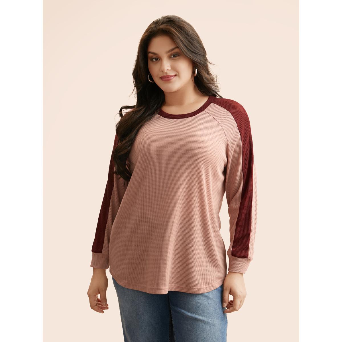 Plus Size Waffle Knit Contrast Patchwork T-shirt Dirtypink Women Elegant Texture Round Neck Everyday T-shirts BloomChic 26/4X Product Image
