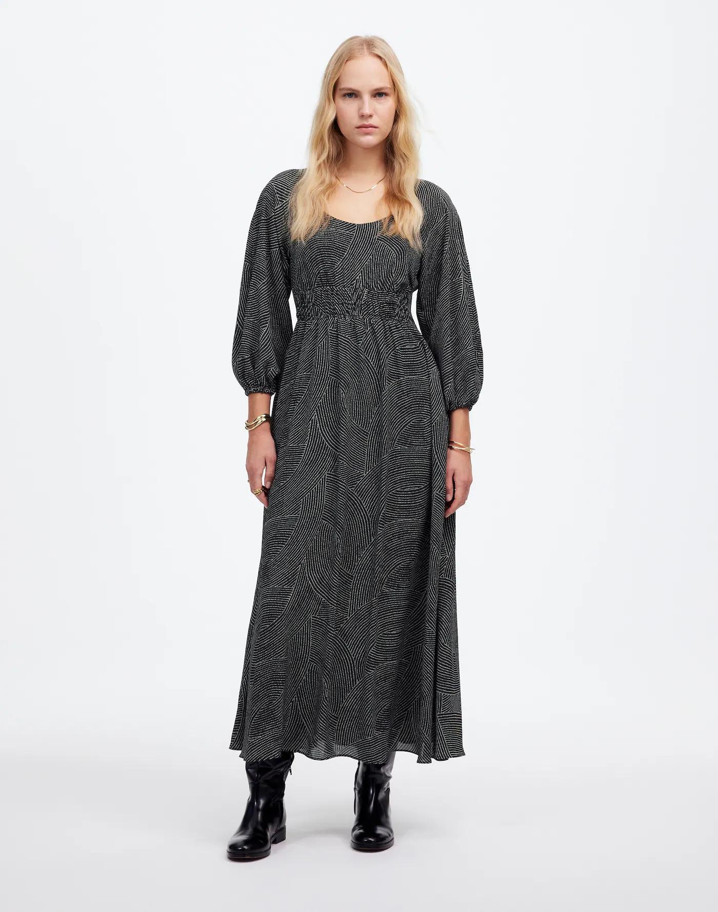 Balloon-Sleeve Ruched Midi Dress in Dot Product Image