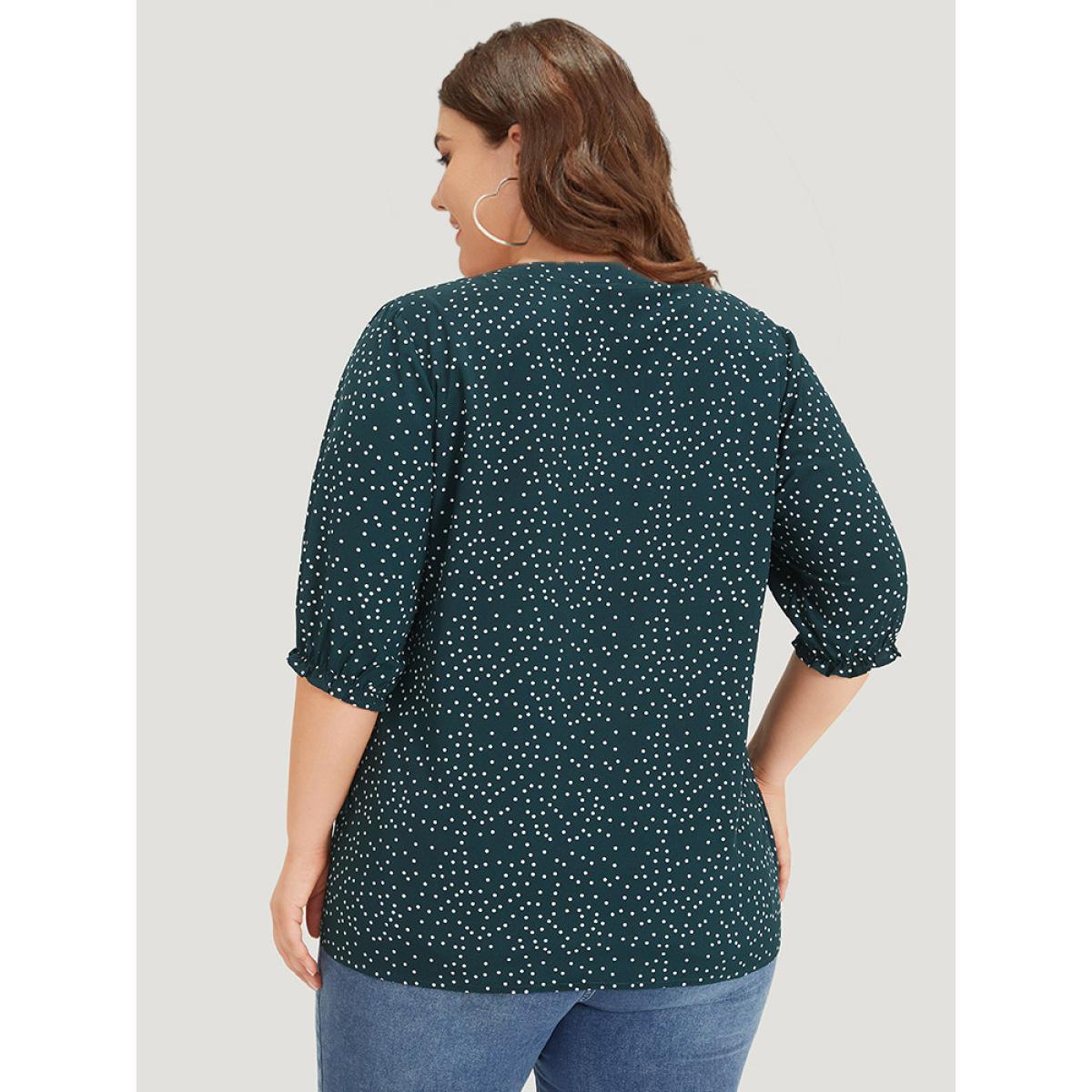 Plus Size DarkGreen Polka Dot Knot Neck Lantern Sleeve Blouse Women Office Half Sleeve Tie Neck Work Blouses BloomChic 26/4X Product Image
