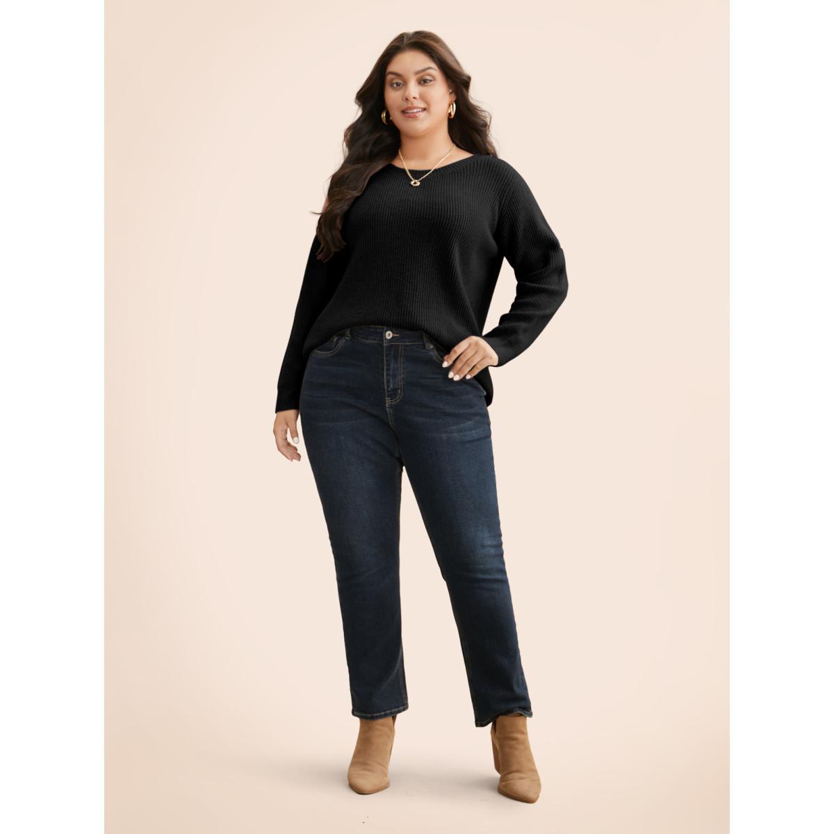 Plus Size Round Neck Texture Back Bowknot Pullover Black Women Casual Loose Long Sleeve Round Neck Everyday Pullovers BloomChic 12/L Product Image