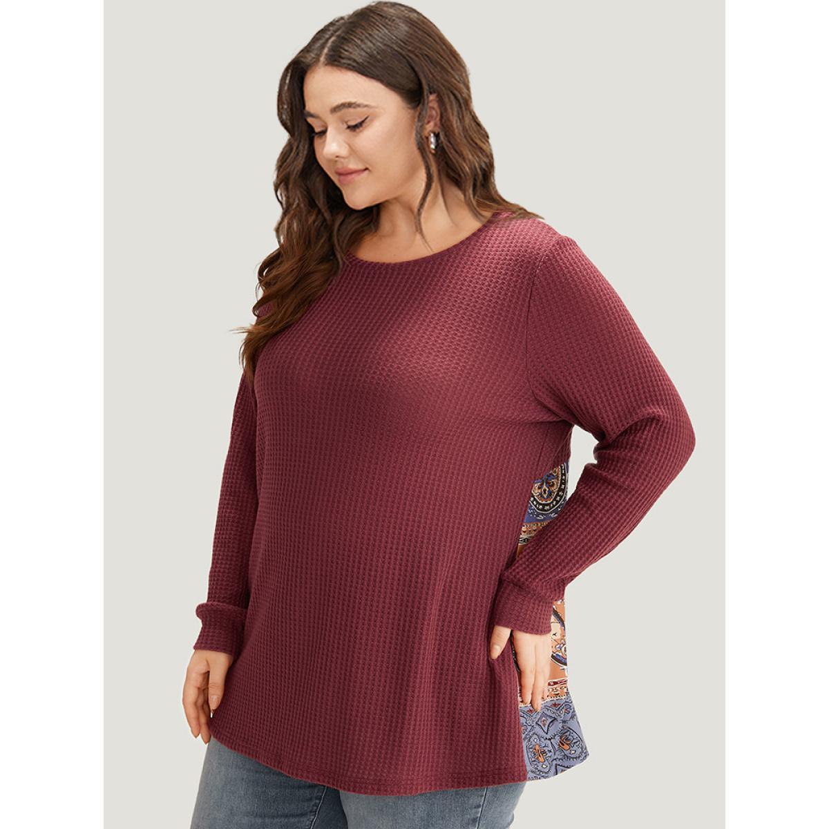 Plus Size Bandana Patchwork Crew Neck Elastic Cuffs Sweatshirt Women Russet Casual Round Neck Everyday Sweatshirts BloomChic 18-20/2X Product Image