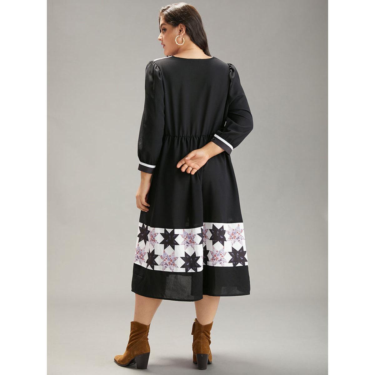 Plus Size Geometric Colorblock Pocket Gathered Dress Black Women Vacation Printed V-neck Elbow-length sleeve Curvy Midi Dress BloomChic 12/L Product Image