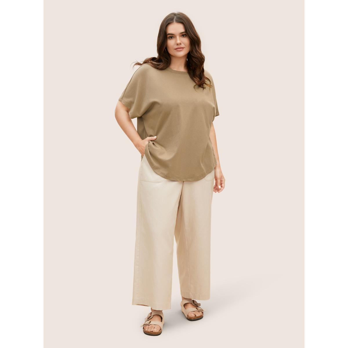 Plus Size Cotton Back Button Detail Dolman Sleeve T-shirt LightBrown Women Casual Button Round Neck Everyday T-shirts BloomChic 10/M Product Image