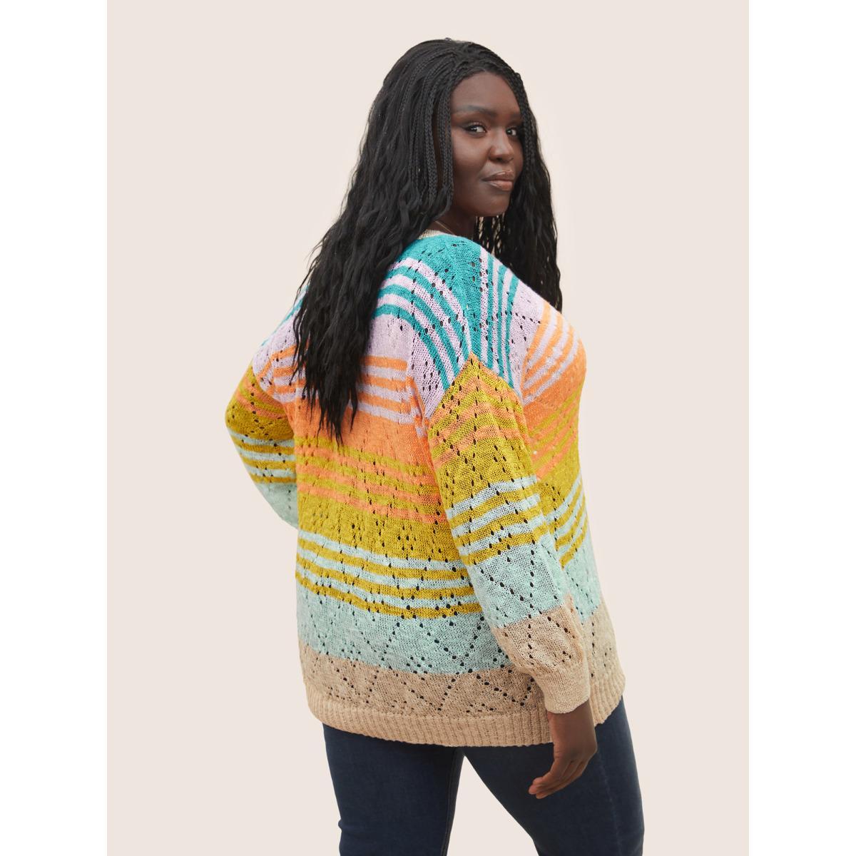 Plus Size Color Striped Hollow Out Pullover Multicolor Women Casual Long Sleeve V-neck Everyday Pullovers BloomChic 14-16/1X Product Image