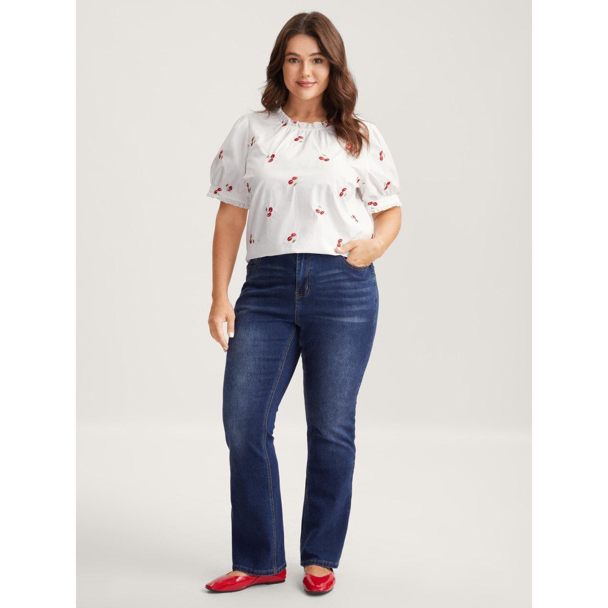Plus Size WhiteSmoke Cotton Cherry Embroidery Ruffled Neck Blouse Women Short sleeve Round Neck Everyday-Elegant Blouses BloomChic 18-20/2X Product Image