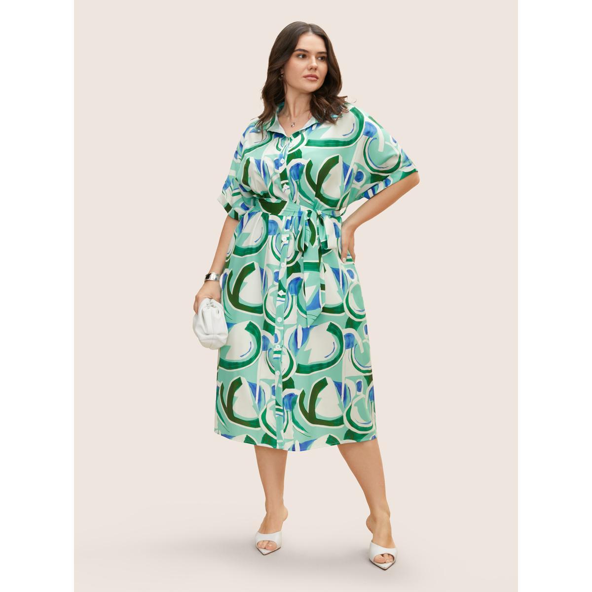 Plus Size Geometric Elastic Waist Drop Shoulder Sleeve Midi Dress Arctic Women At the Office Belted Shirt collar Short sleeve Curvy BloomChic 18-20/2X Product Image