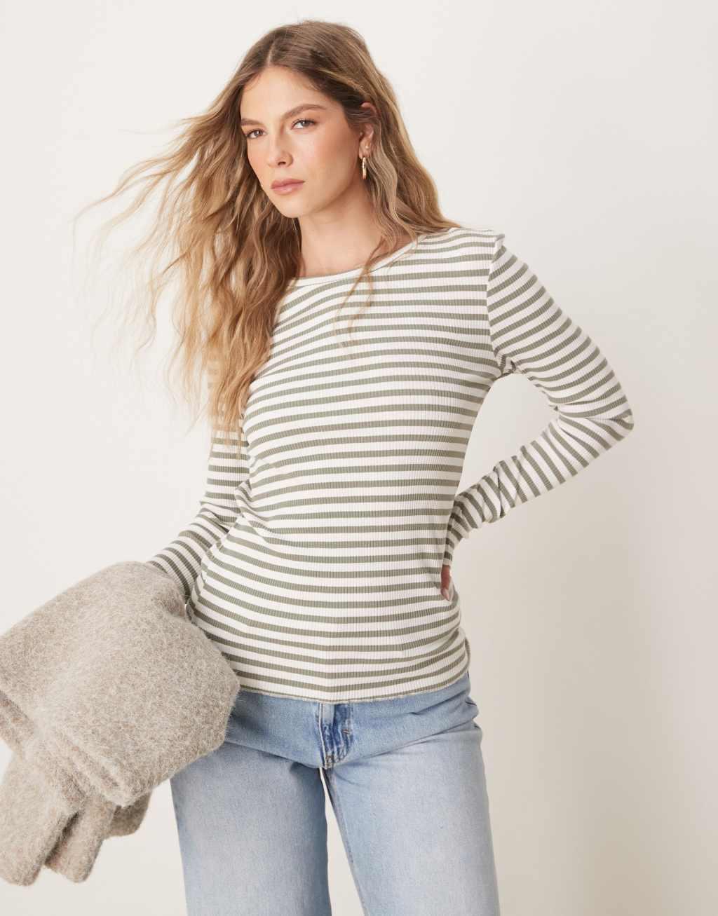 Selected Femme long sleeve ribbed green/white stripe Product Image