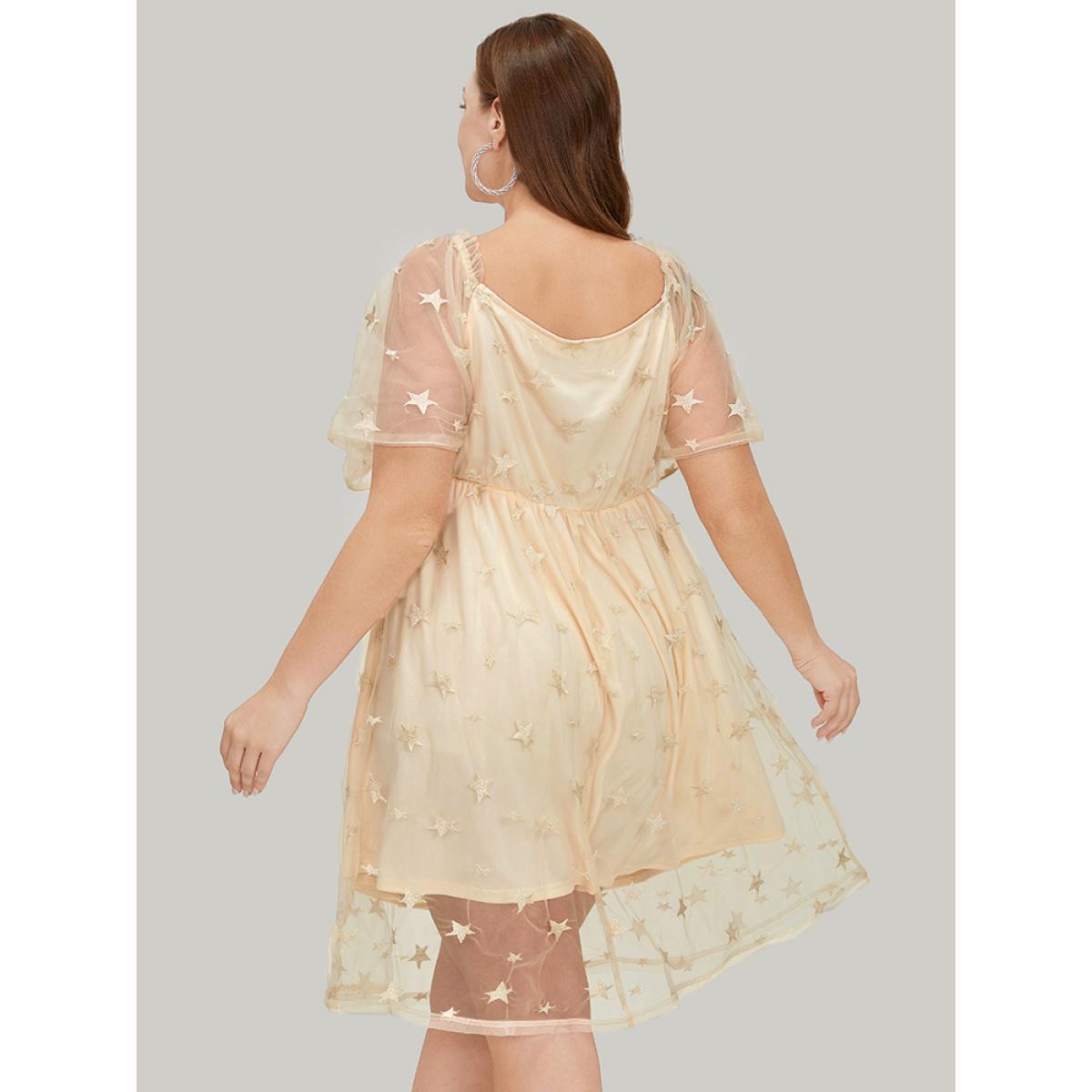 Plus Size Star Embroidered Mesh Ruffle Sleeve Frill Trim Dress Beige Women Glamour Lined V-neck Short sleeve Curvy Knee Dress BloomChic 14-16/1X Product Image