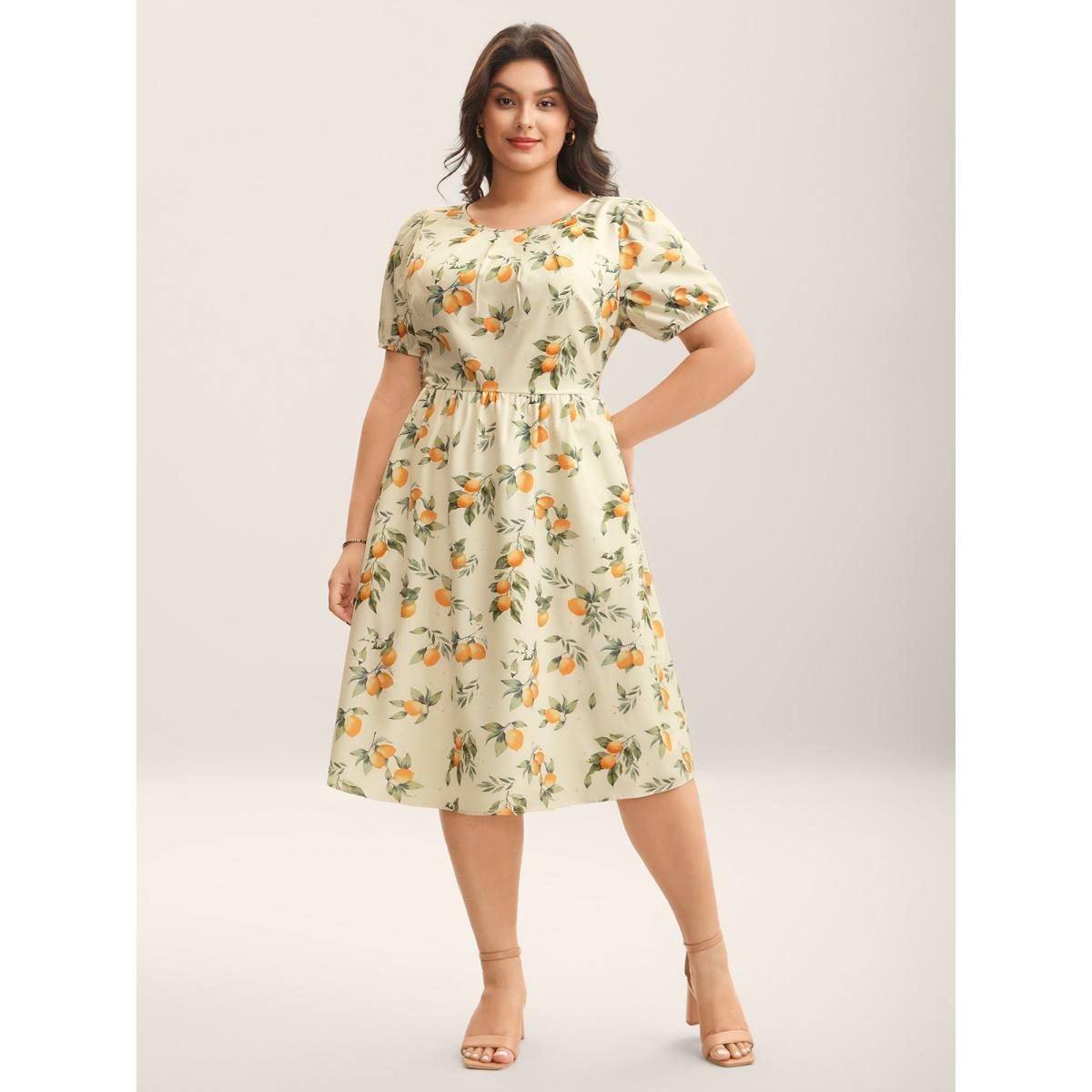 Plus Size Citrus Print Bow Backless Midi Dress Apricot Women Boat Neck Short sleeve Curvy BloomChic 26/4X Product Image