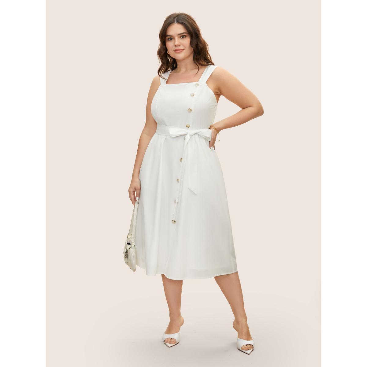 Plus Size Square Neck Button Detail Split Hem Dress Originalwhite Women At the Office Belted Non Sleeveless Curvy BloomChic 18-20/2X Product Image