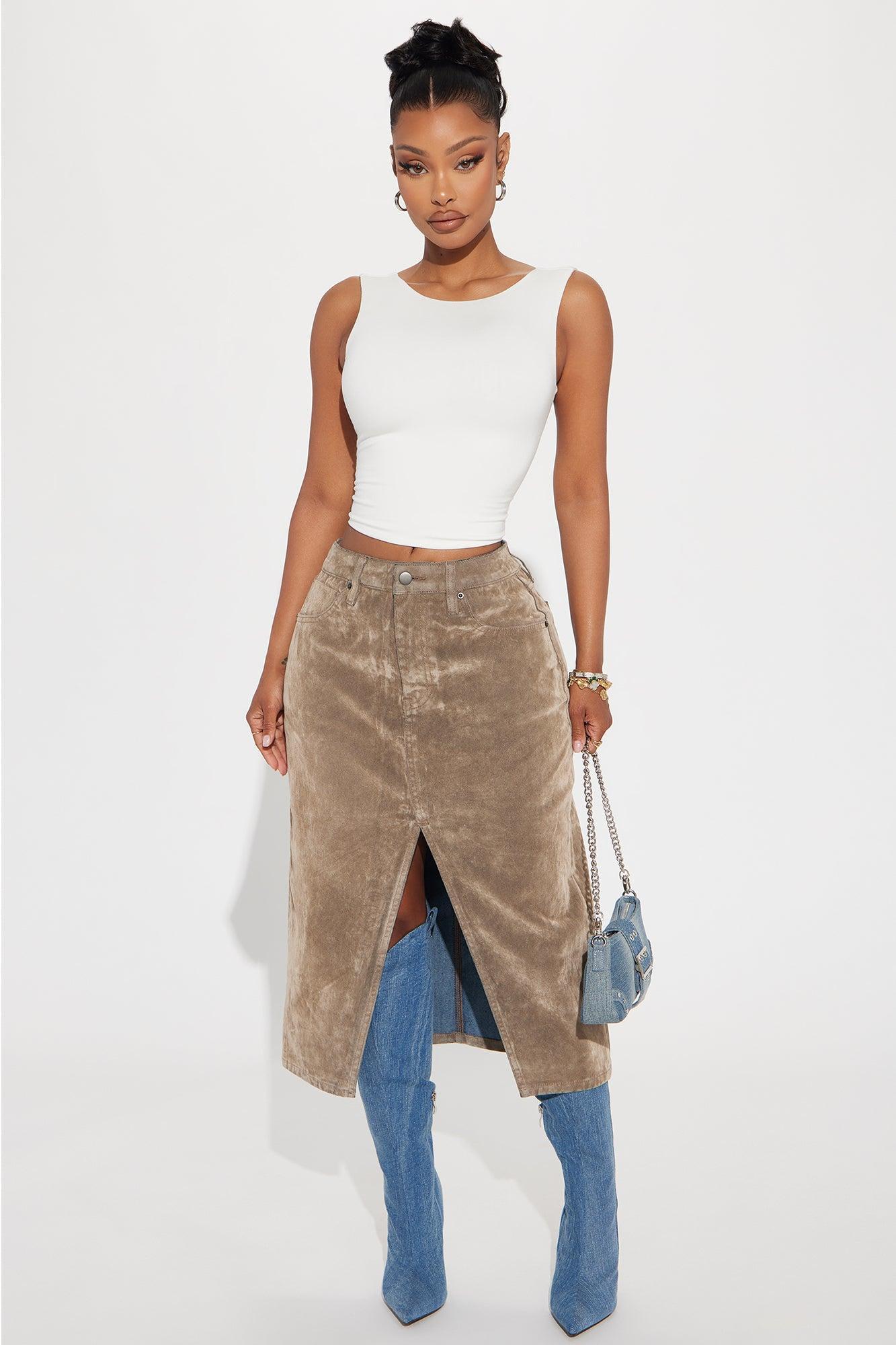 Jane Velvet Denim Midi Skirt - Brown Product Image