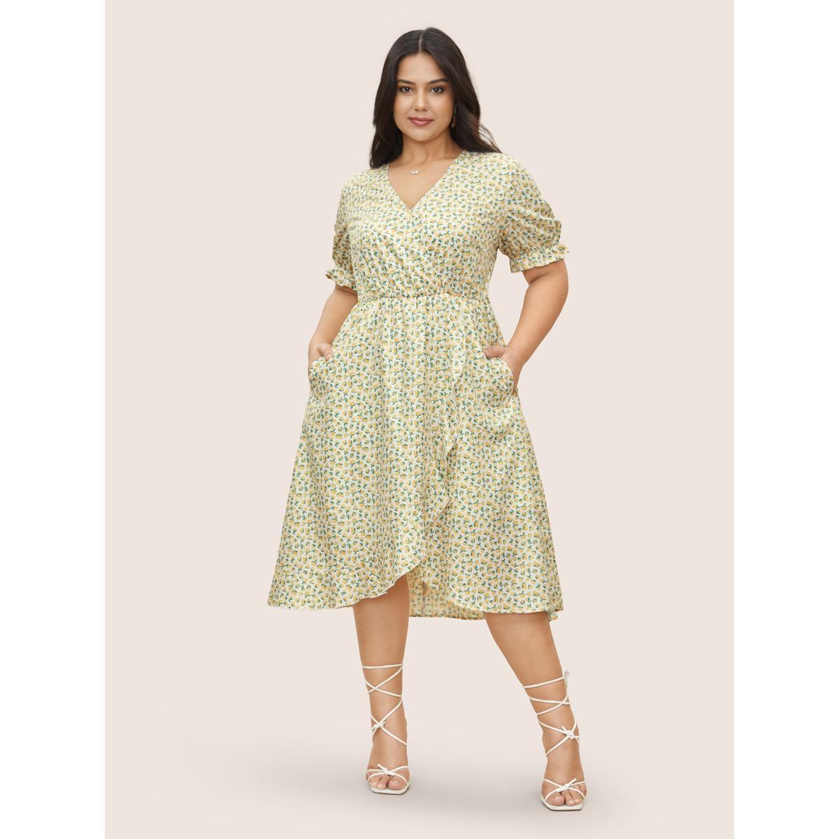 Plus Size Citrus Lemon Print Overlap Collar Lantern Sleeve Dress Yellow Women Elegant Overlapping Overlap Collar Short sleeve Curvy Midi Dress BloomChic 28/5X Product Image