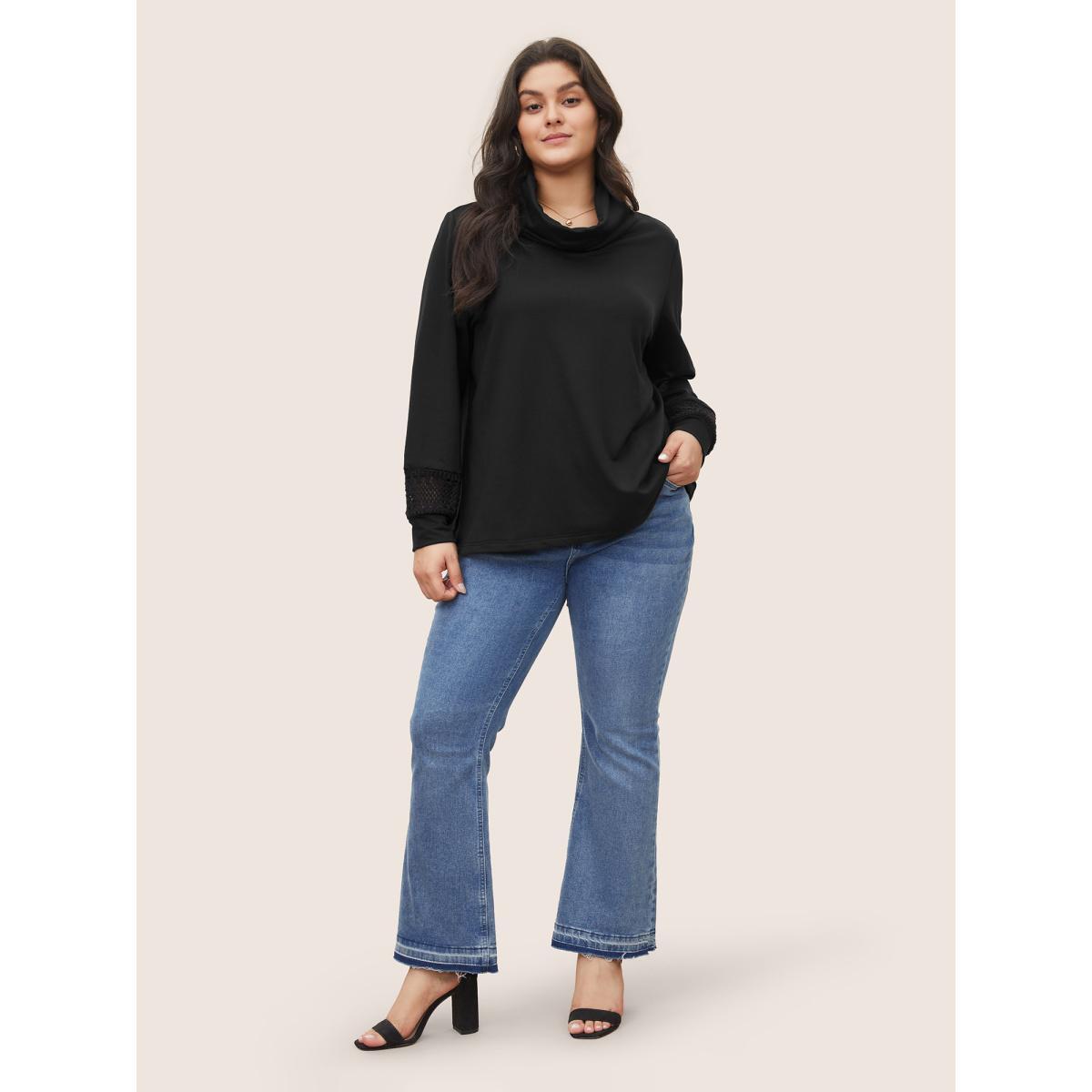 Plus Size Plain Turtle Neck Crochet Lace Sweatshirt Women Black Casual Non Turtleneck Everyday Sweatshirts BloomChic 28/5X Product Image