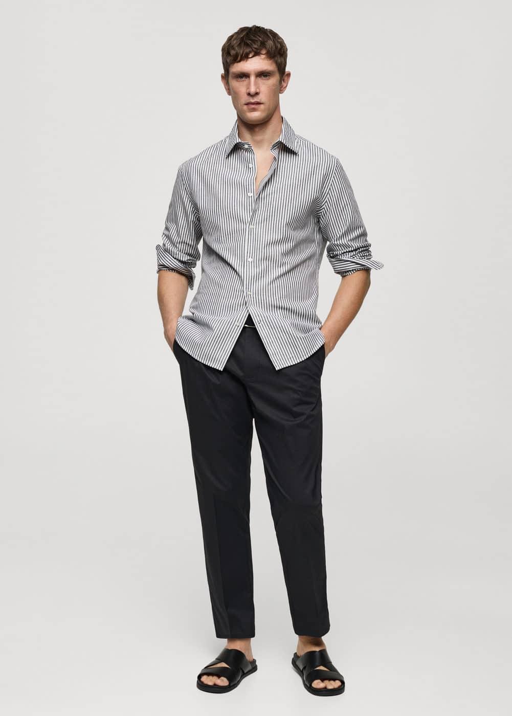 Regular-fit striped cotton-linen shirt - Men | MANGO USA Product Image