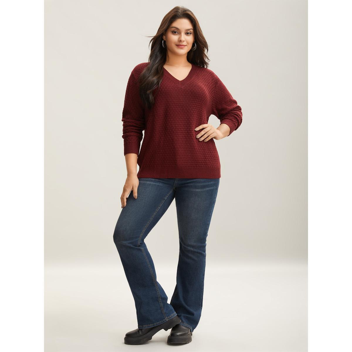 Plus Size Solid Pointelle Knit V Neck Loose Knit Top Chocolate Women Elegant Loose Long Sleeve V-neck Dailywear Pullovers BloomChic 26/4X Product Image