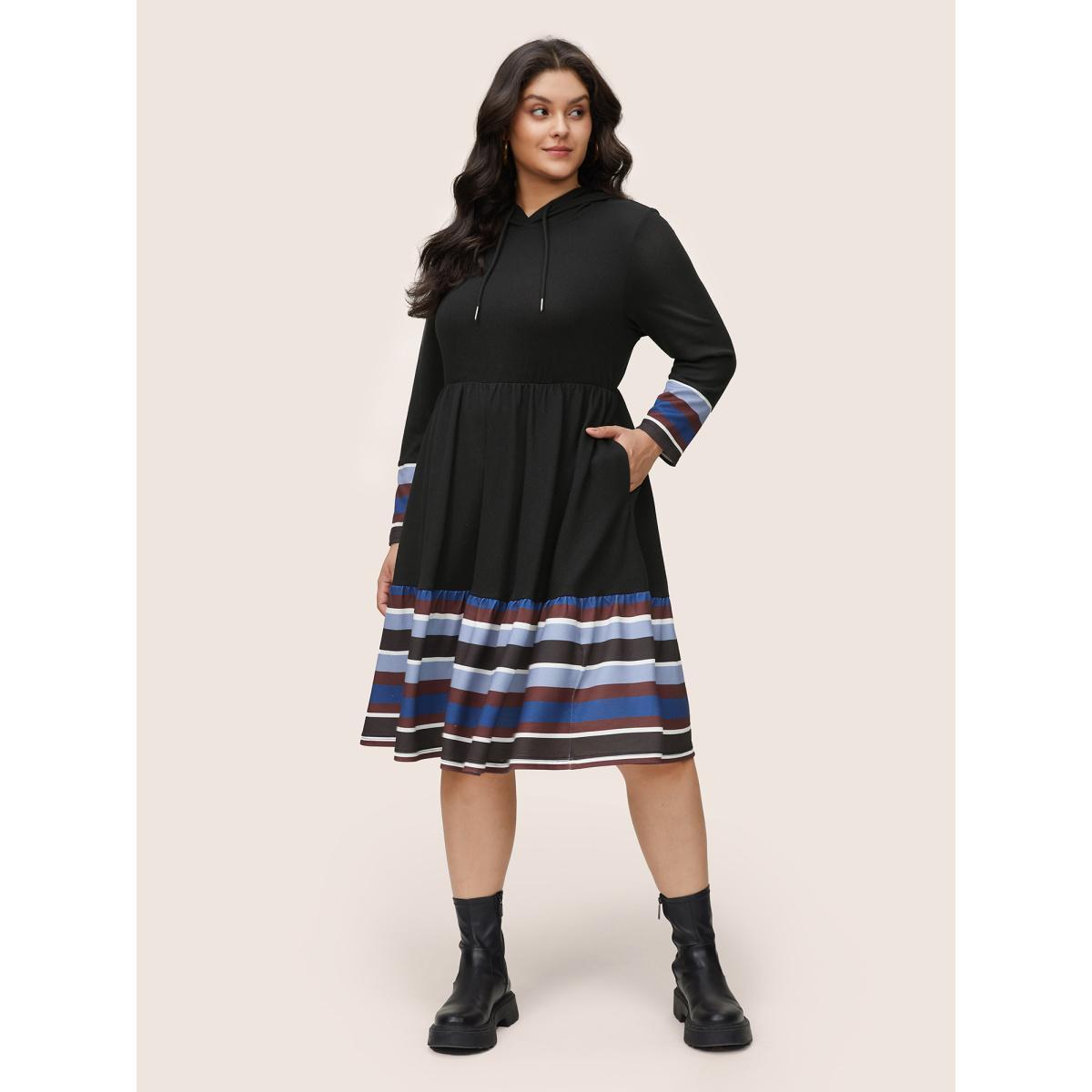 Plus Size Contrast Striped Flutter Hem Hooded Drawstring Dress Black Women Casual Gathered Hooded Long Sleeve Curvy Midi Dress BloomChic 12/L Product Image