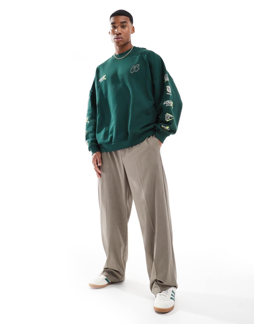 ASOS DESIGN extreme oversized sweatshirt with racing prints in dark green Product Image