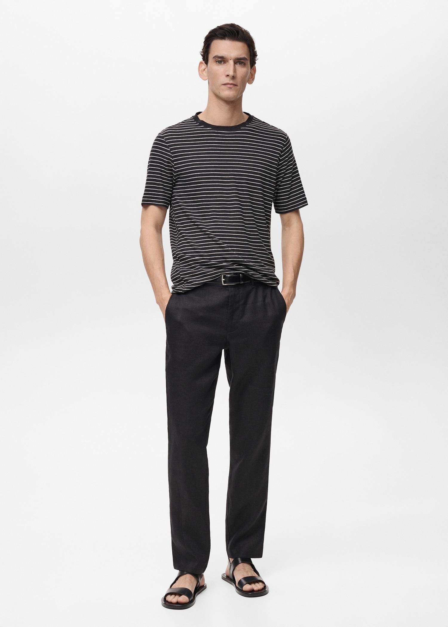 Striped slim-fit linen t-shirt - Men | MANGO USA Product Image