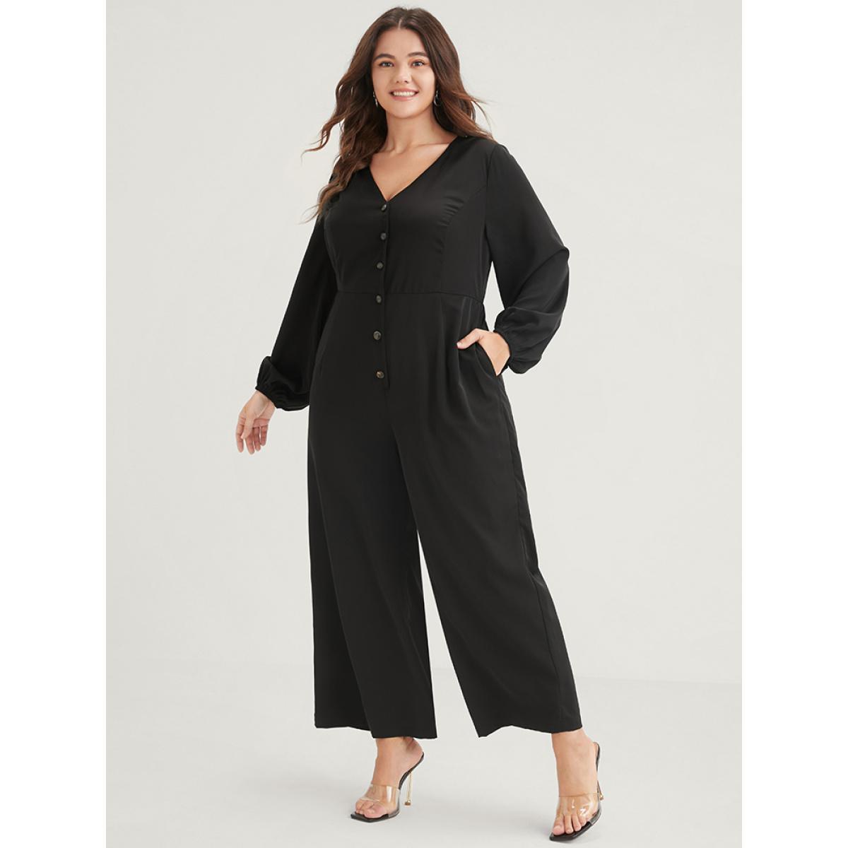 Plus Size Black Solid Button Front Lantern Sleeve Pocket Wide Leg Jumpsuit Women Office Long Sleeve V-neck Work Loose Jumpsuits BloomChic 30/6X Product Image
