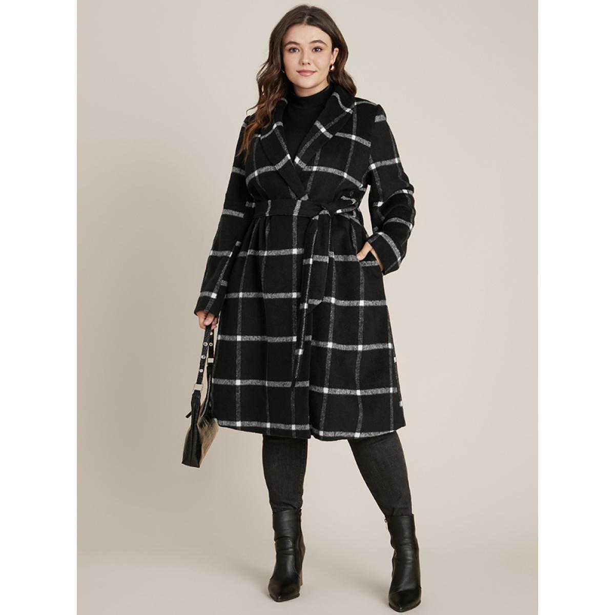 Plus Size Plaid Lapel Collar Belted Pocket Coat Women Black Elegant Belted Ladies Dailywear Winter Coats BloomChic 30/6X Product Image