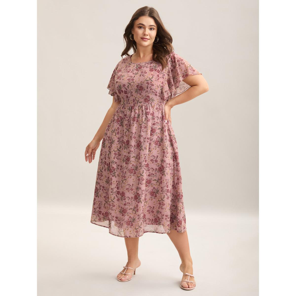 Plus Size Chiffon Floral Print Ruffled Midi Dress Blush Women Elegant Ruffles Round Neck Short sleeve Curvy BloomChic 30/6X Product Image