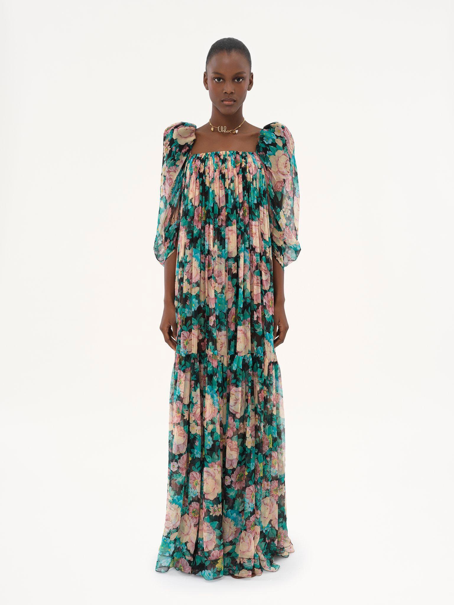 Puff-sleeve long dress in silk mousseline Product Image