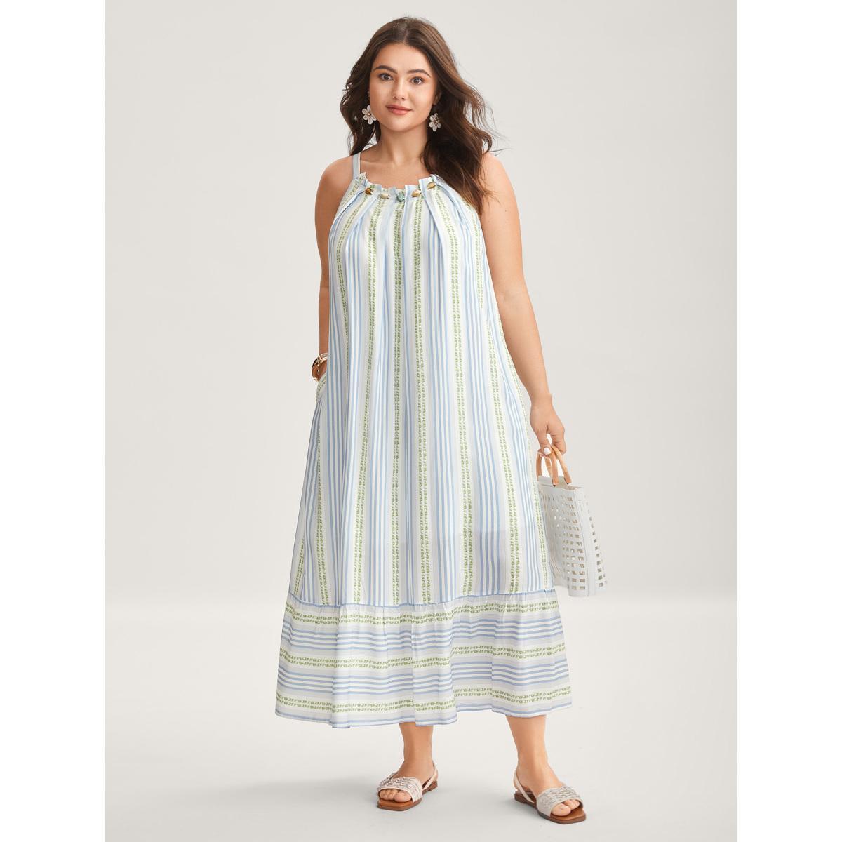 Plus Size Nautical Stripes Flared Midi Dress LightBlue Women Round Neck Sleeveless Curvy BloomChic 28/5X Product Image