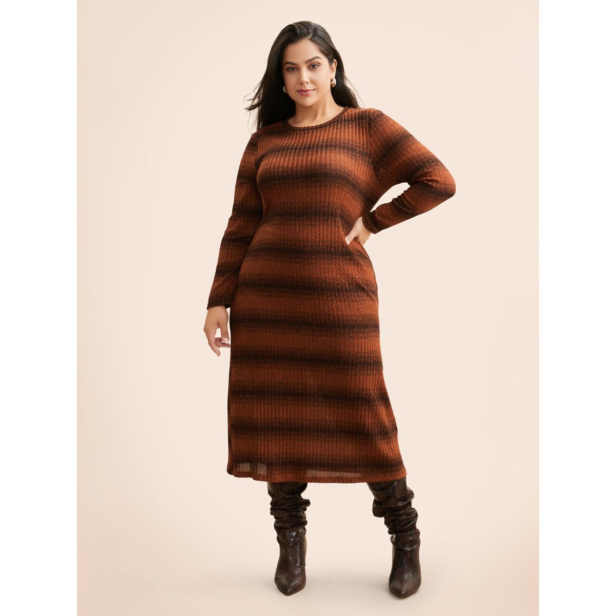 Plus Size Ombre Striped Rib Knit Slim Fit Dress OrangeRed Women Casual Texture Round Neck Long Sleeve Curvy BloomChic 10/M Product Image