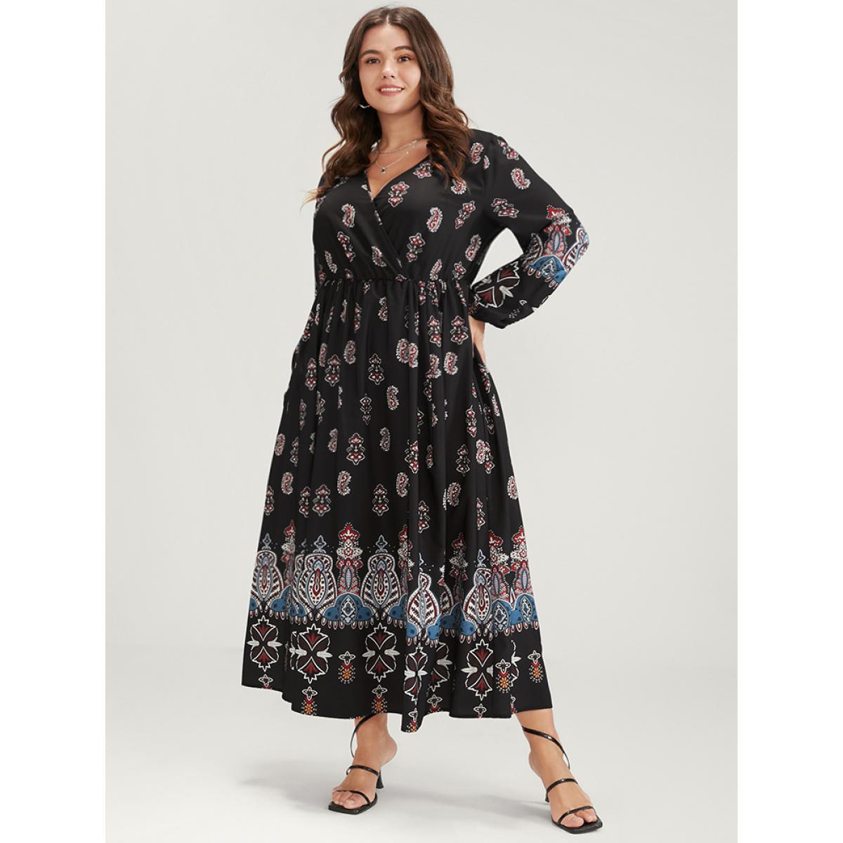 Plus Size Paisley Pocket Split Wrap Maxi Dress Black Women Vacation Pocket V-neck Long Sleeve Curvy Long Dress BloomChic 18-20/2X Product Image