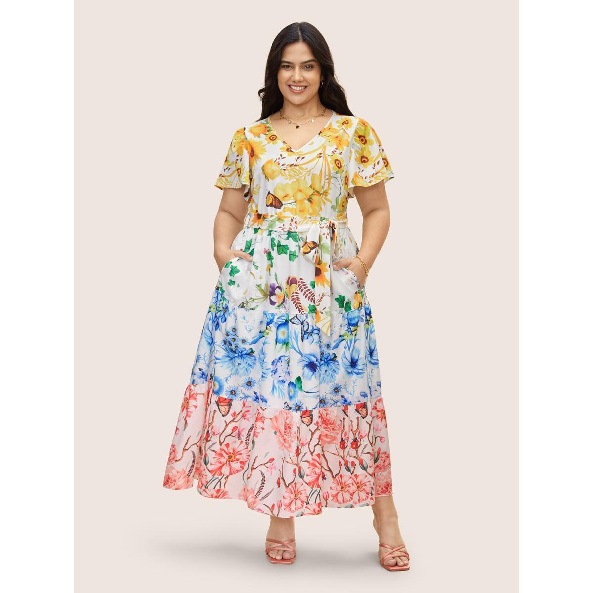 Plus Size Floral & Butterfly Contrast Ruffle Layered Hem Dress Multicolor Women Elegant Belted V-neck Short sleeve Curvy BloomChic 14-16/1X Product Image