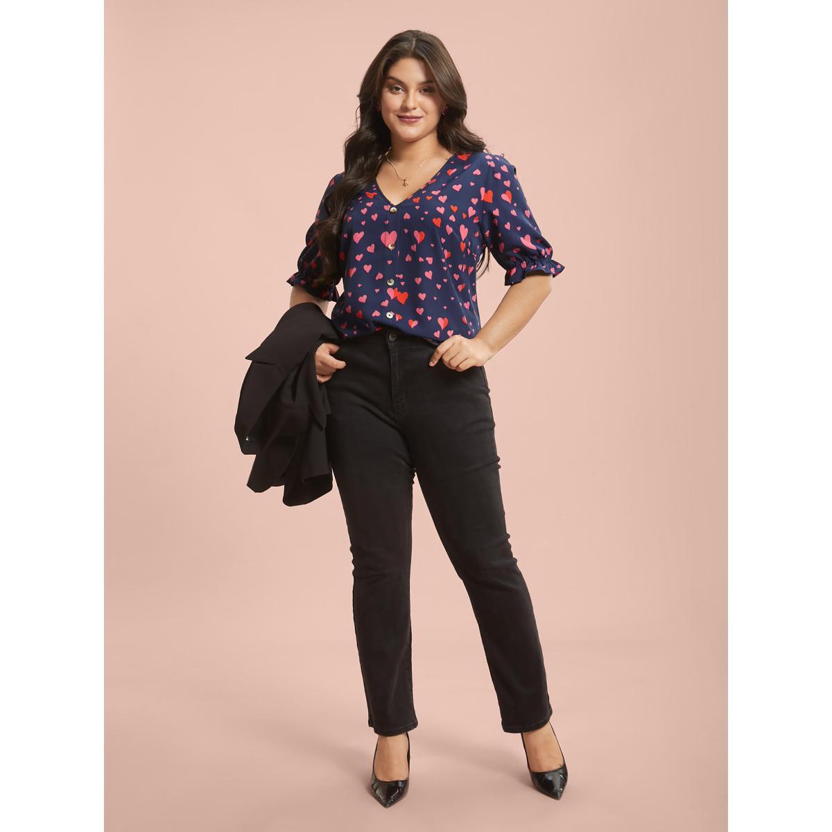 Plus Size Indigo Heart Pattern Button Detail Ruffle Blouse Women Elegant Short sleeve V-neck Everyday Blouses BloomChic 26/4X Product Image