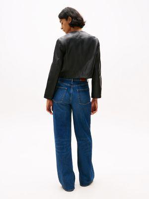Cropped Collarless Leather Jacket Product Image