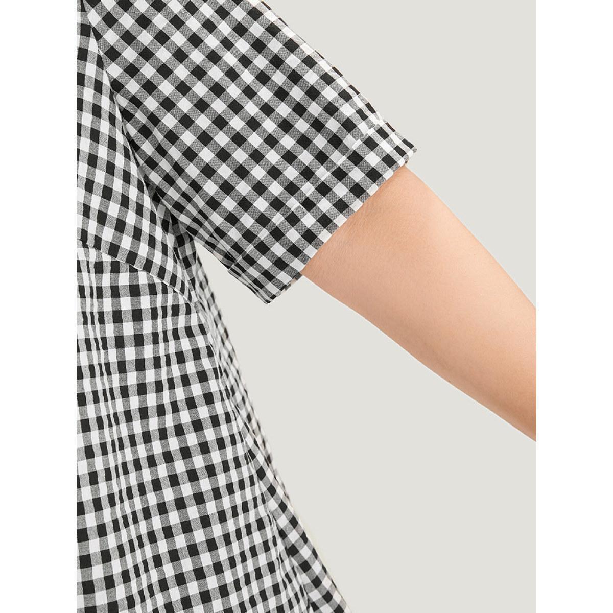 Plus Size Black Gingham V Neck Button Through Blouse Women Office Short sleeve V-neck Work Blouses BloomChic 12/L Product Image