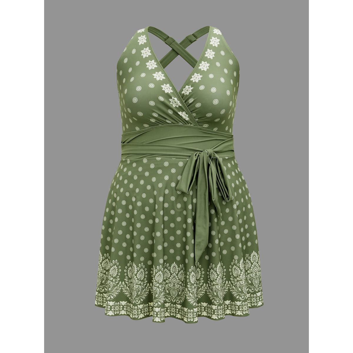 Plus Size Boho Print Waist-Tie Surplice Neck Swim Dress Women's Swimwear Greenbean Beach Bodycon Overlap Collar High stretch Curve Swim Dresses BloomChic 12/L Product Image
