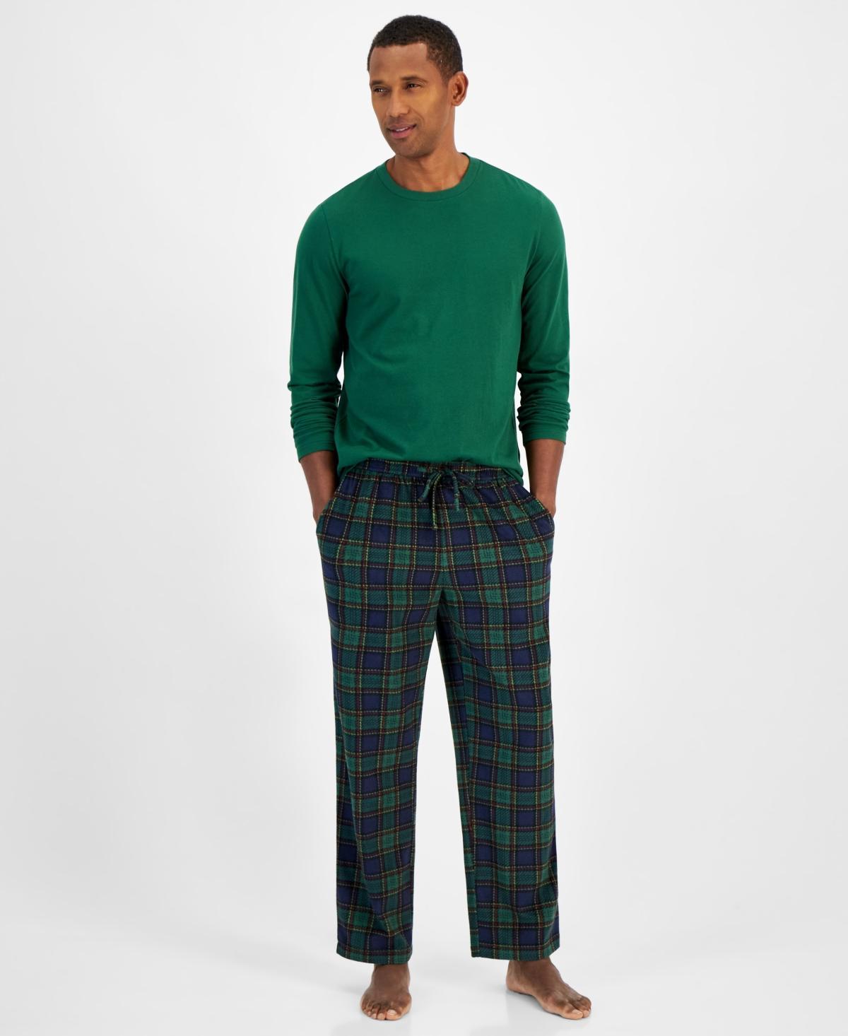 Club Room Mens Fleece Long-Sleeve T-Shirt & Plaid Pajama Pant Set, Created for Macys - Black Product Image