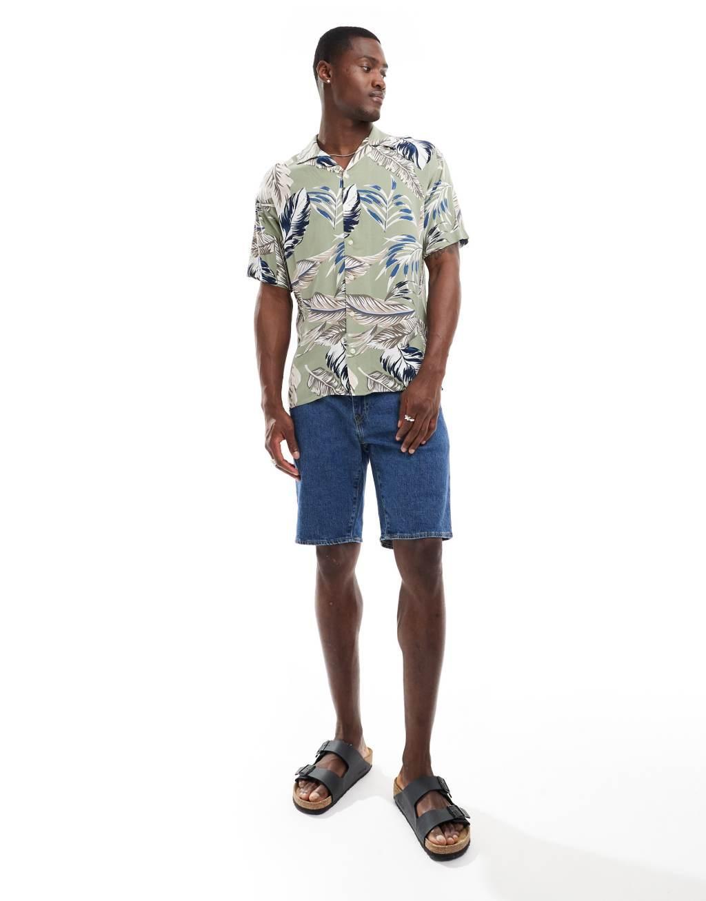 Jack & Jones camp collar feather print shirt in sage green  Product Image