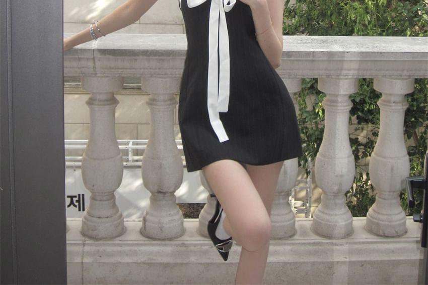 Strapless Pinstriped Bow Mini A-Line Dress Product Image