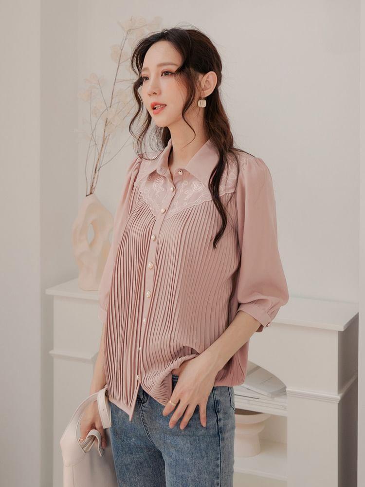 Elbow-Sleeve Plain Lace Trim Shirt Product Image