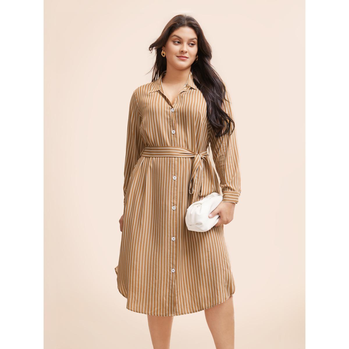 Plus Size Striped Shirt Collar Curved Hem Midi Dress LightBrown Women Workwear Essentials Belted Shirt collar Long Sleeve Curvy BloomChic 22-24/3X Product Image