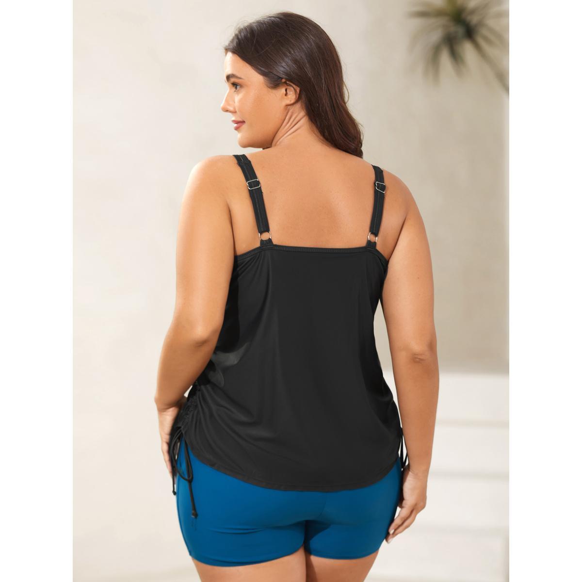 Plus Size Sun Salt Sand Print Swim Top Women's Swimwear Black Beach Drawstring High stretch Bodycon U-neck Curve Swim Tops BloomChic 28/5X Product Image