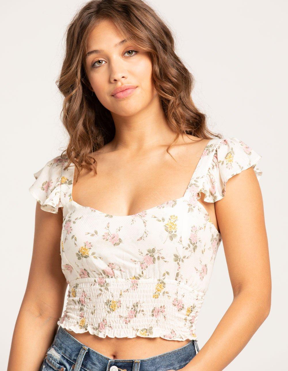 RSQ Womens Ruffle Open Back Floral Smock Babydoll Top - PINK Product Image