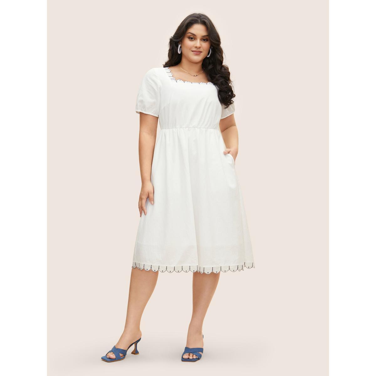 Plus Size Cotton Lace collar Lantern Sleeve Midi Dress Originalwhite Women Elegant Embroidered Lace collar Short sleeve Curvy BloomChic 28/5X Product Image