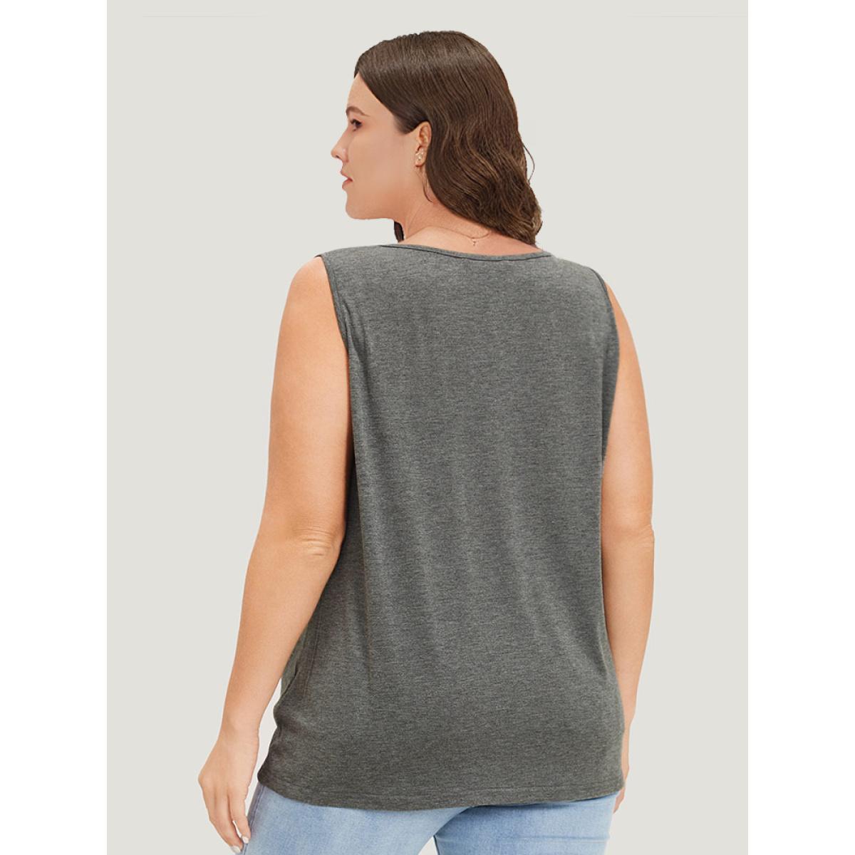Plus Size Letter Print Button Notched Tank Top Women DarkGray Casual Printed Dailywear Tank Tops Camis BloomChic 28/5X Product Image