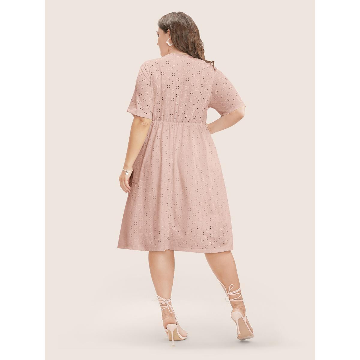 Plus Size Solid Pocket Laser Cut Surplice Neck Knee Dress DustyPink Women Elegant Pocket V-neck Short sleeve Curvy Knee Dress BloomChic 26/4X Product Image