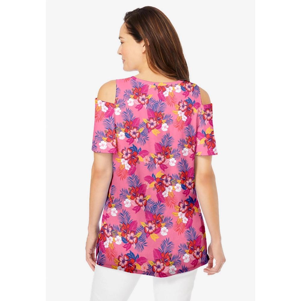 Woman Within Women's Plus Size Short-Sleeve Cold-Shoulder Tee - 14/16, Pretty Peony Hibiscus Tropicana Product Image