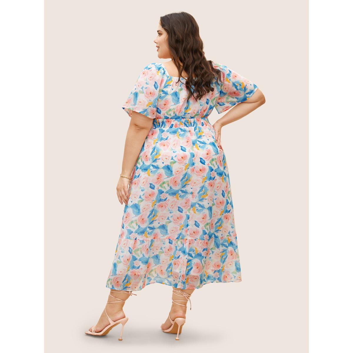 Plus Size Watercolor Floral Shirred Puff Sleeve Midi Dress Skyblue Women Elegant Shirred Heart neckline Short sleeve Curvy BloomChic 14-16/1X Product Image