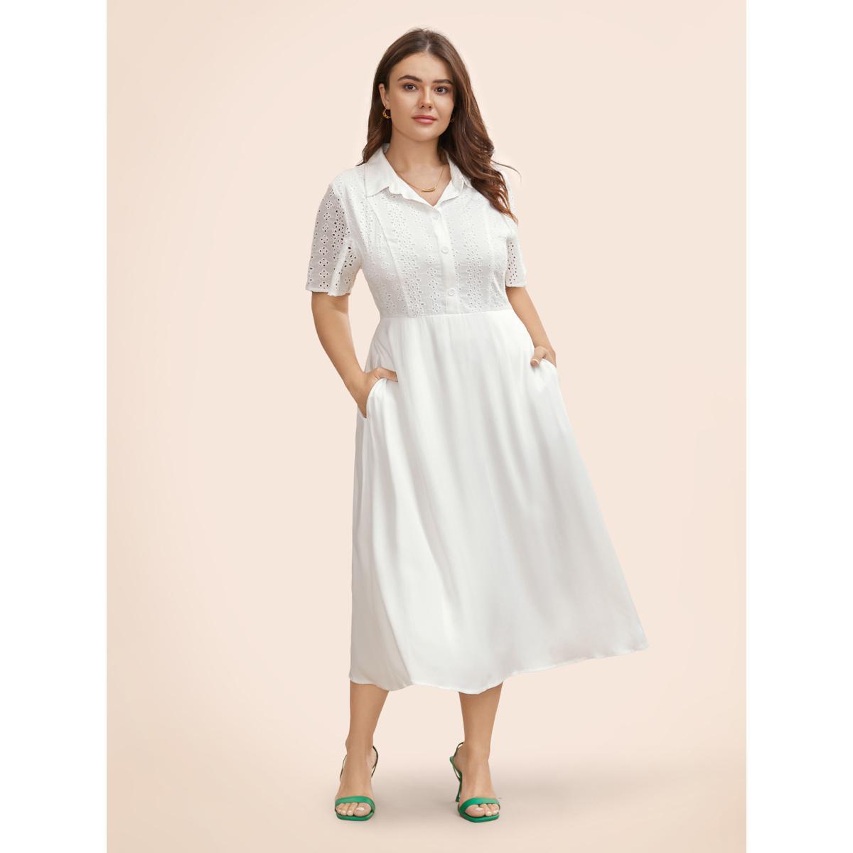 Plus Size Shirt Collar Broderie Anglaise Midi Dress Originalwhite Women Resort Broderie anglaise Shirt collar Short sleeve Curvy BloomChic 28/5X Product Image