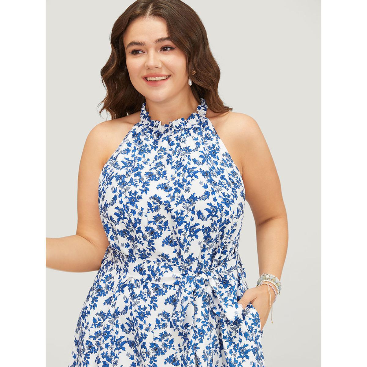 Plus Size Bandana Print Halter Ruffle Hem Pocket Belt Paisley Dress Indigo Women Vacation Belted Halter neck Sleeveless Curvy Knee Dress BloomChic 26/4X Product Image