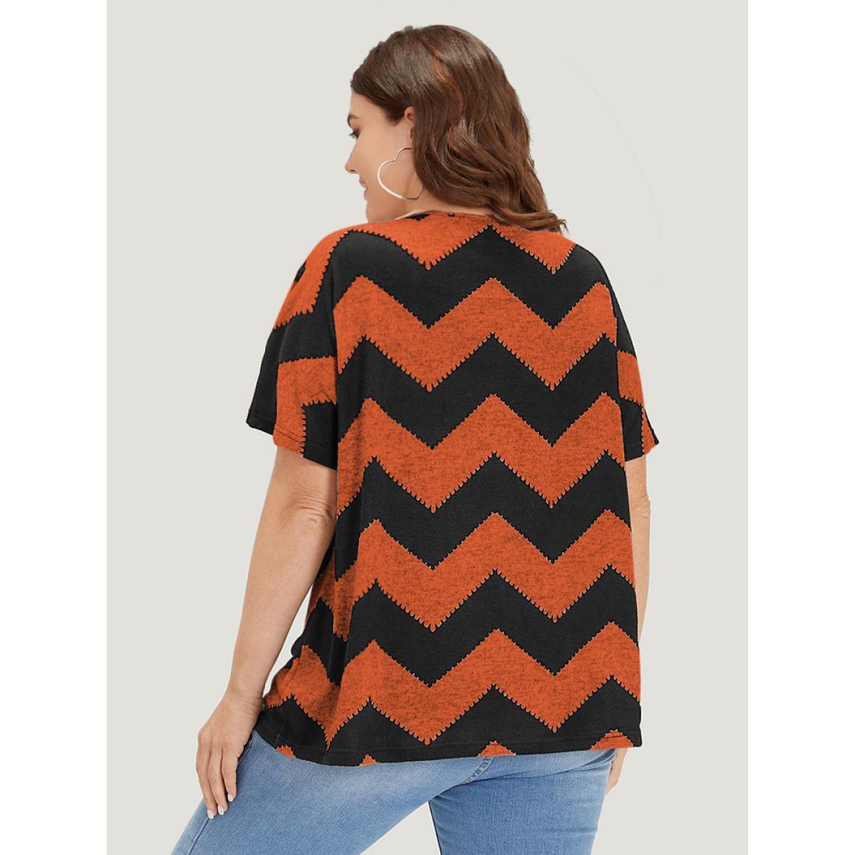 Plus Size Striped Zipper Batwing Sleeve T-shirt Rust Women Casual Zipper Striped V-neck Dailywear T-shirts BloomChic 26/4X Product Image